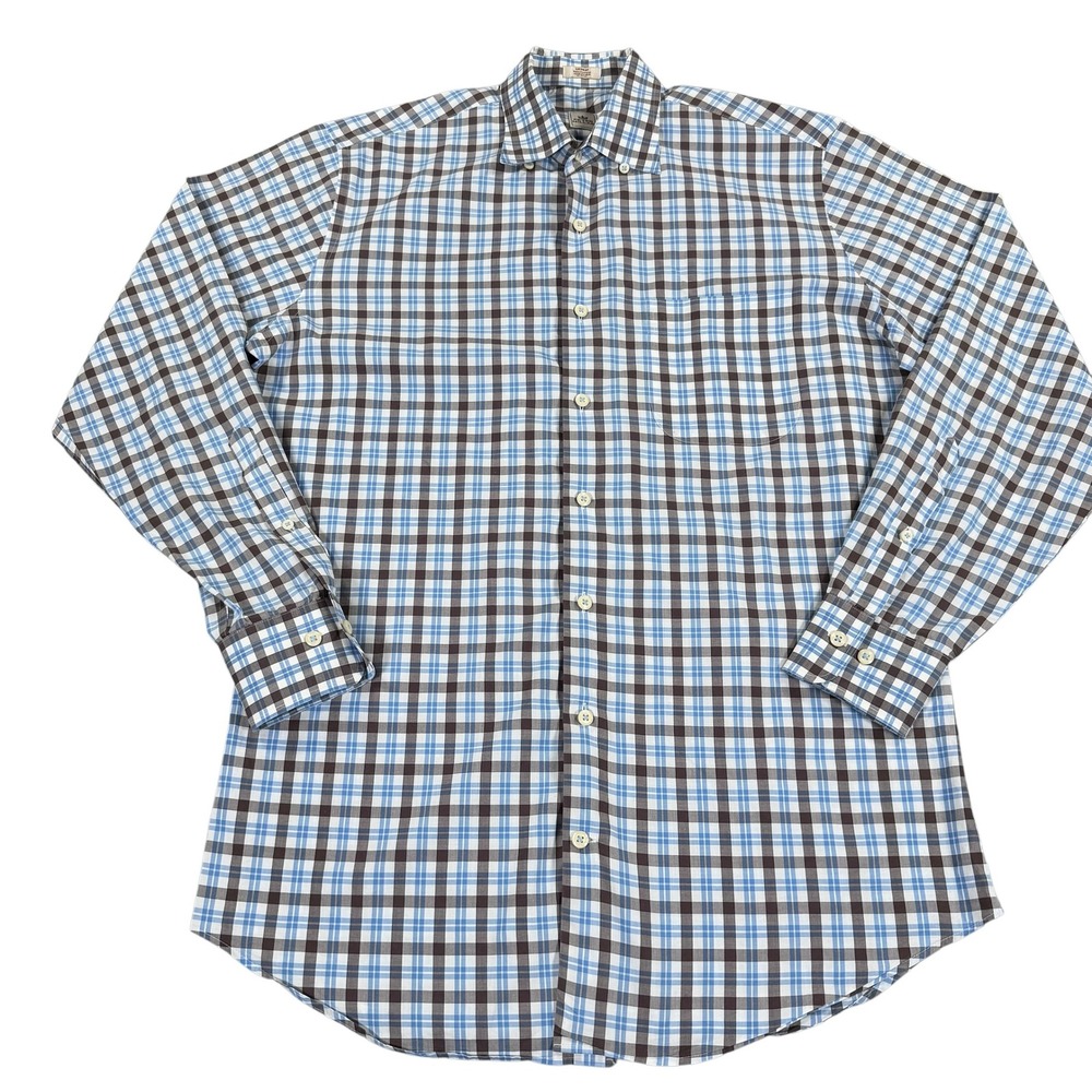 Peter Millar Button Down Shirt Mens Medium Blue Brown Plaid Excellent Cotton
